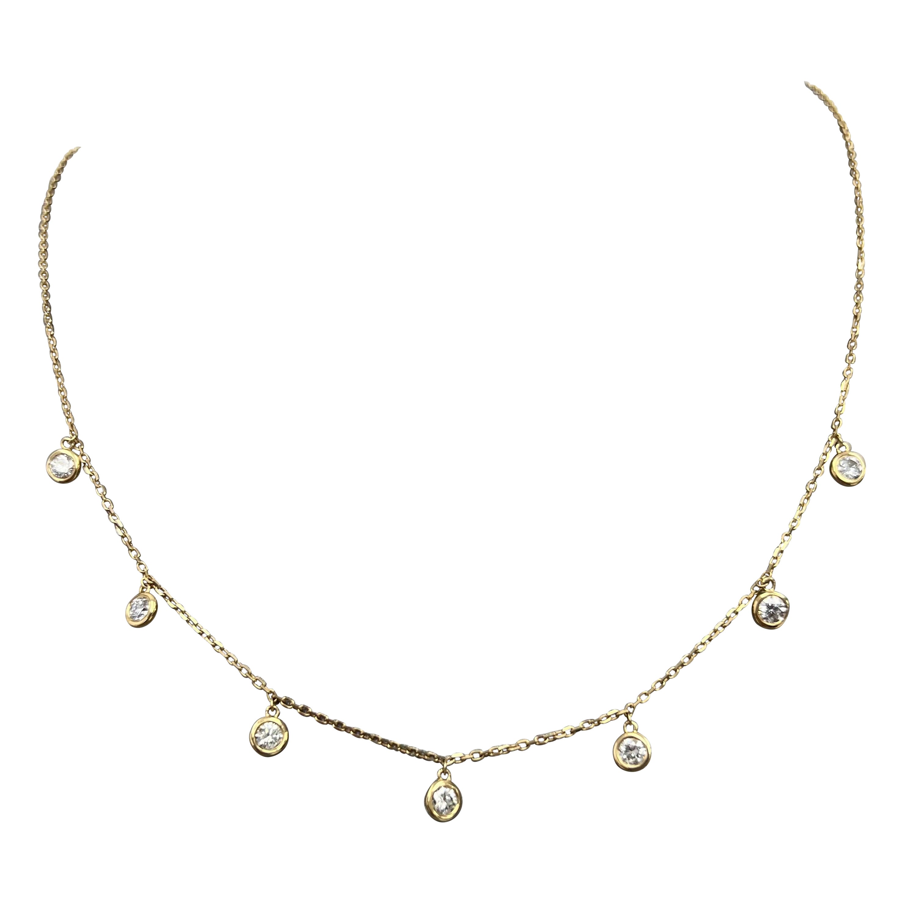 Diamond By The Yard Necklace - 14K Yellow Chain - 7 Natural Dangling Diamonds