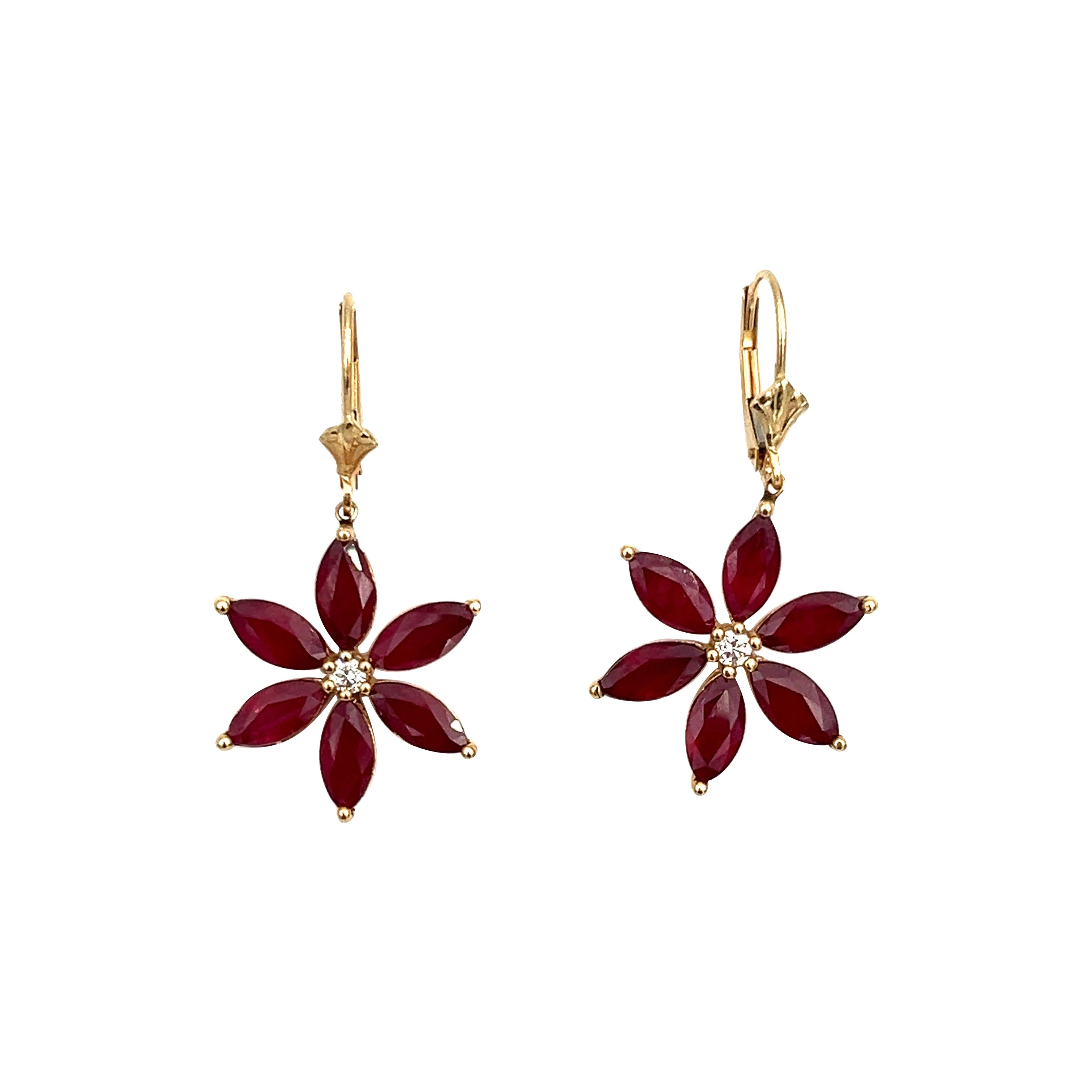 5.81 ct Natural Ruby & Diamond Flower Shaped Earrings
