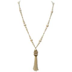Graduated Pearl Long Lariat Tassel Necklace w. FiligreeCenterpiece & Beads 