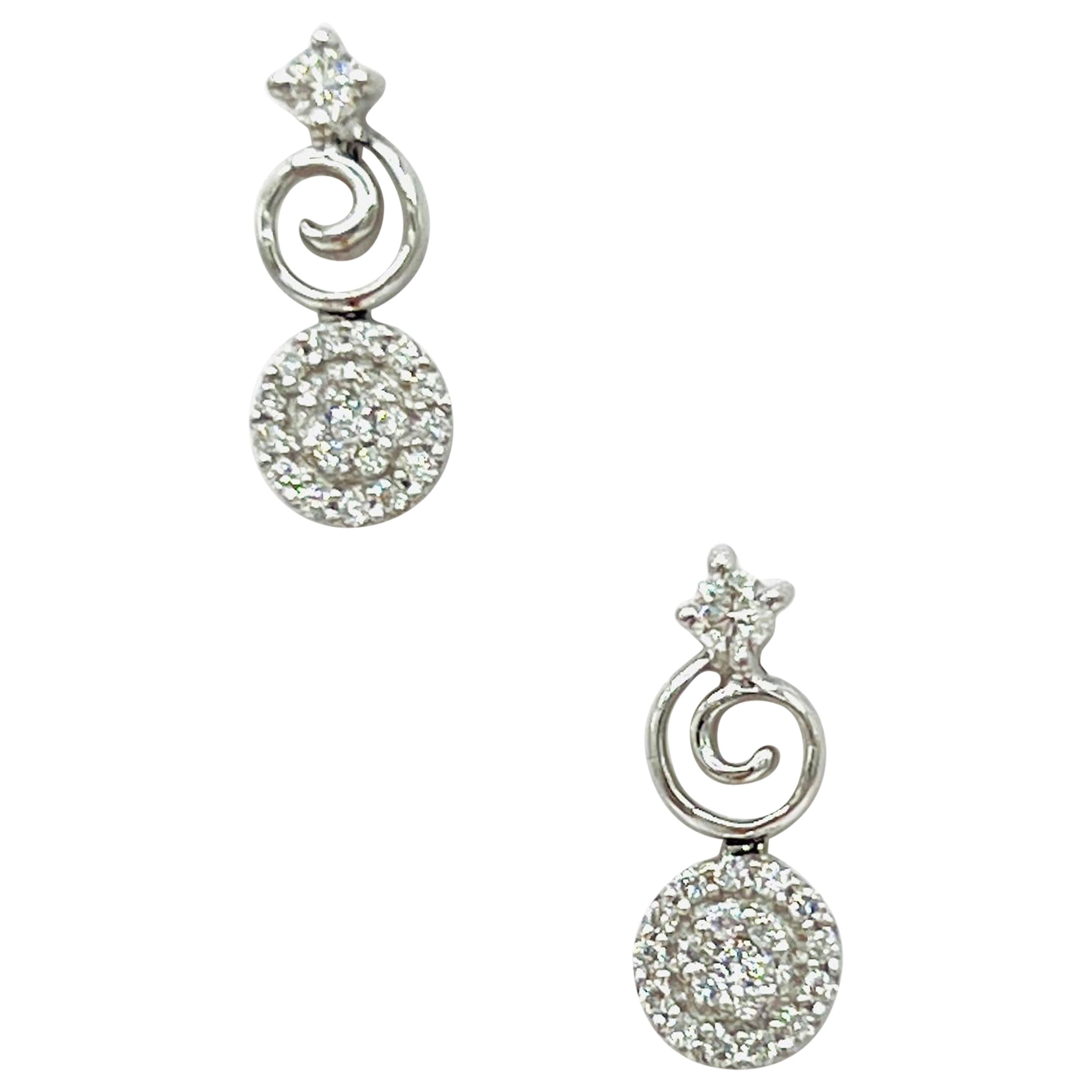 White Diamond Round Cluster Dangle Earrings in Platinum
