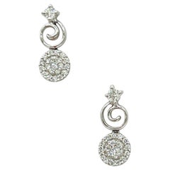 White Diamond Round Cluster Dangle Earrings in Platinum