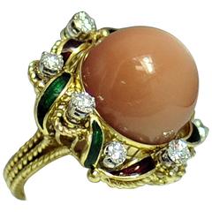 Italian Diamond Enamel Peach Moonstone Ring