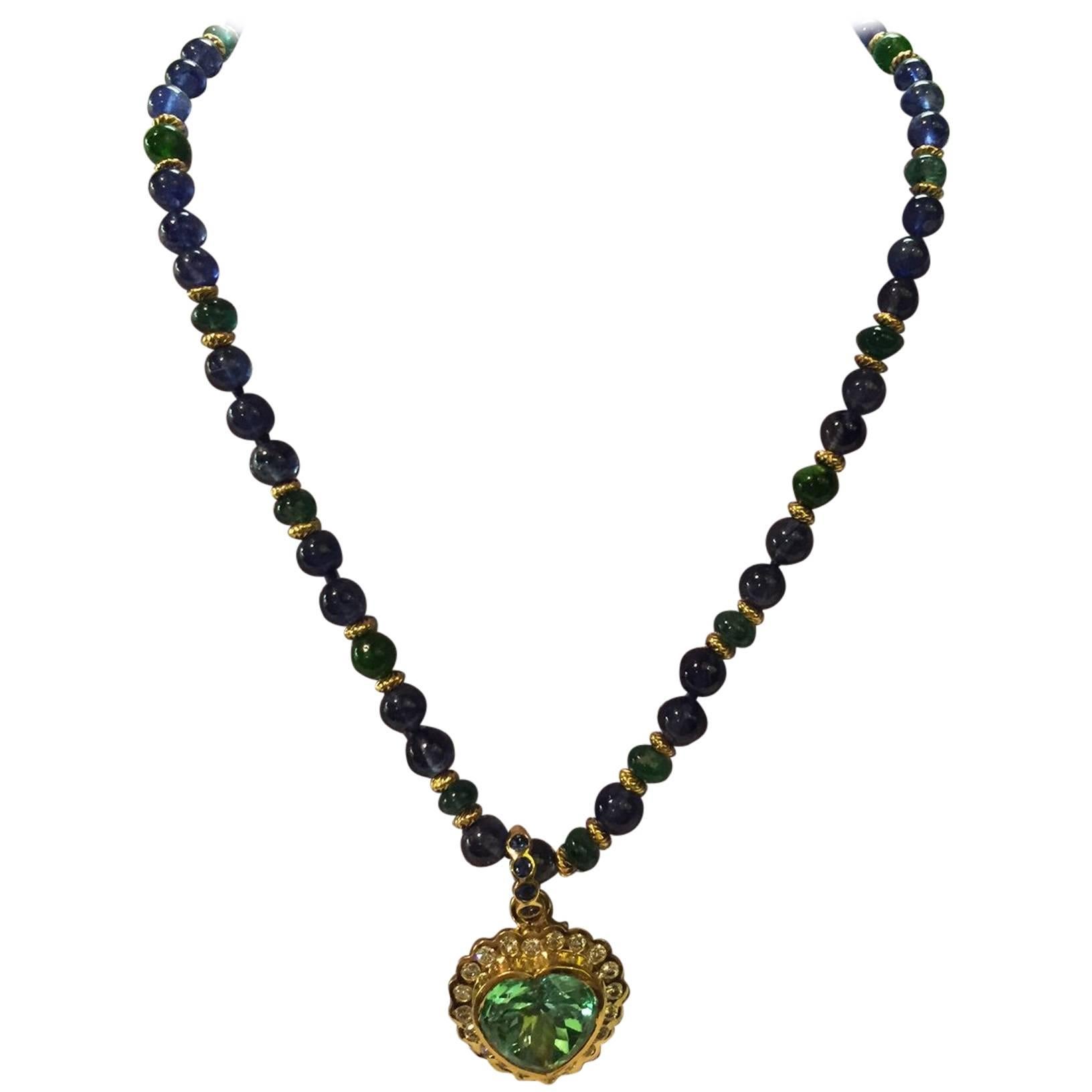 Emerald Heart Pendant on Sapphire Necklace