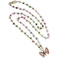  Gold Pink Watermelon Tourmaline Butterfly Necklace