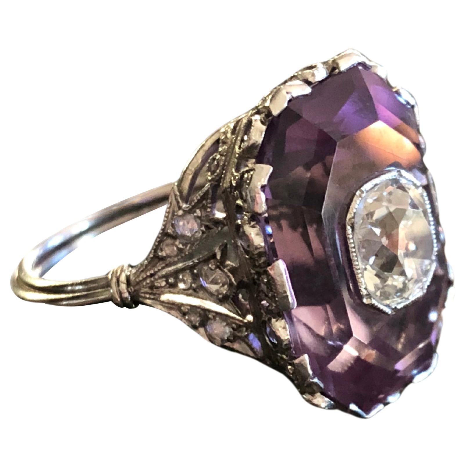 French Belle Époque Amethyst and Rose Cut Diamond Ring For Sale