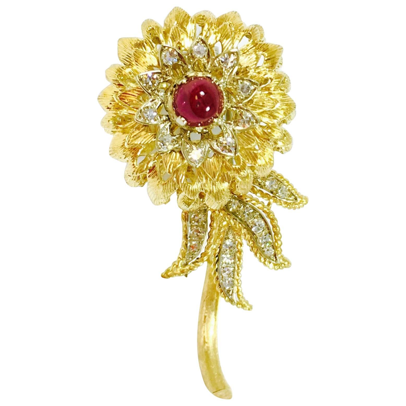 Ruby Diamond Gold Large Flower Brooch Pin For Sale