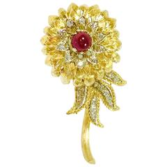 Ruby Diamond Gold Large Flower Brooch Pin