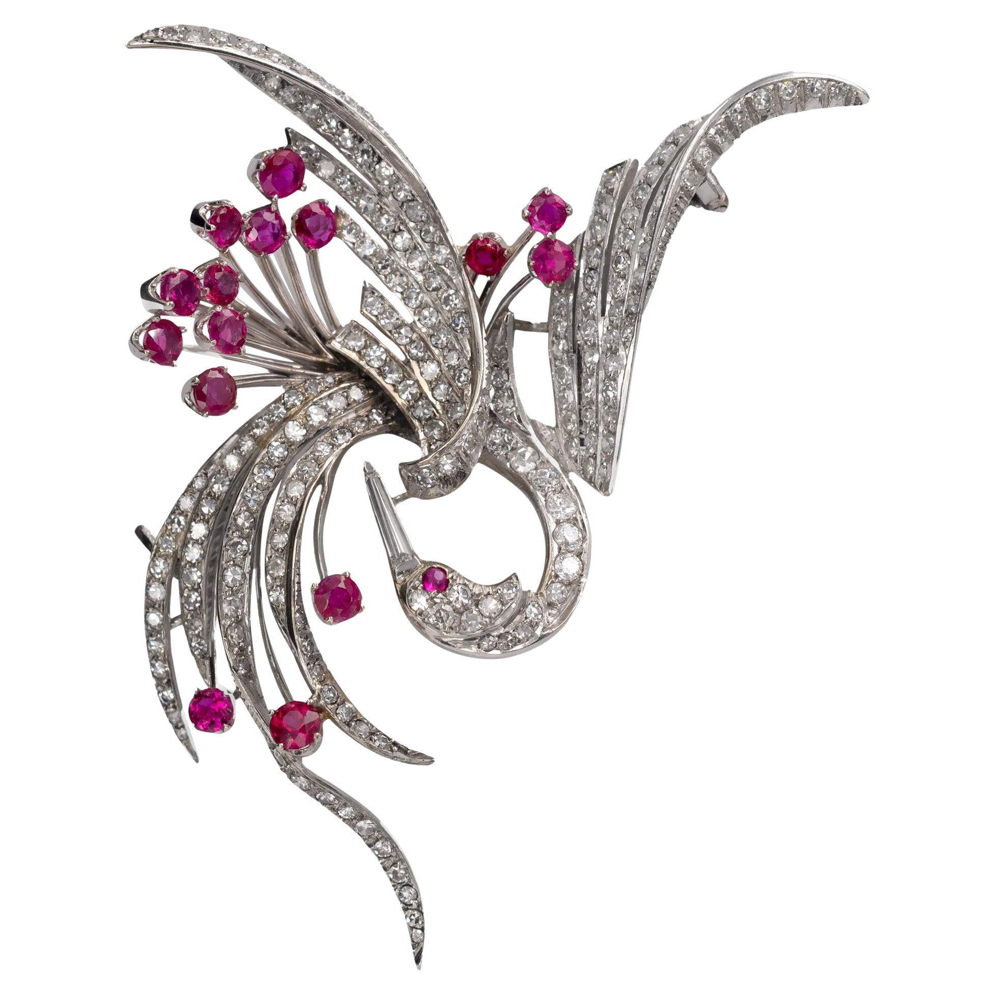 Mid-20th Century White Gold Bird Brooch with Pavé Diamonds and Ruby Accents For Sale