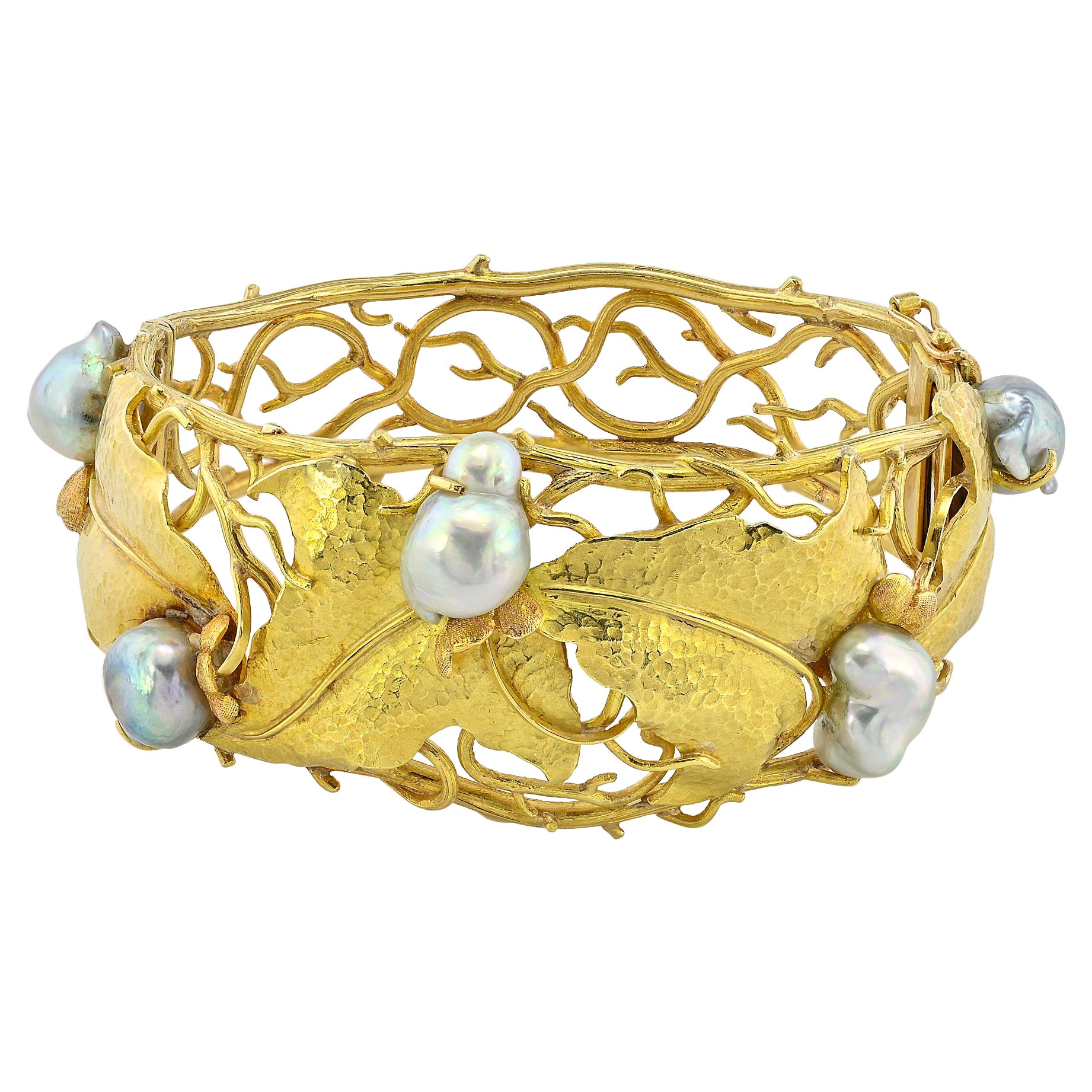  Signed Cecconi Leaf and Pearl 18 KT Mid-century Bangle For Sale