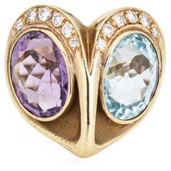 Vintage Eule-Ring Amethyst Blautopas Diamant 14k Gelbgold Gr. 6 Breites Band