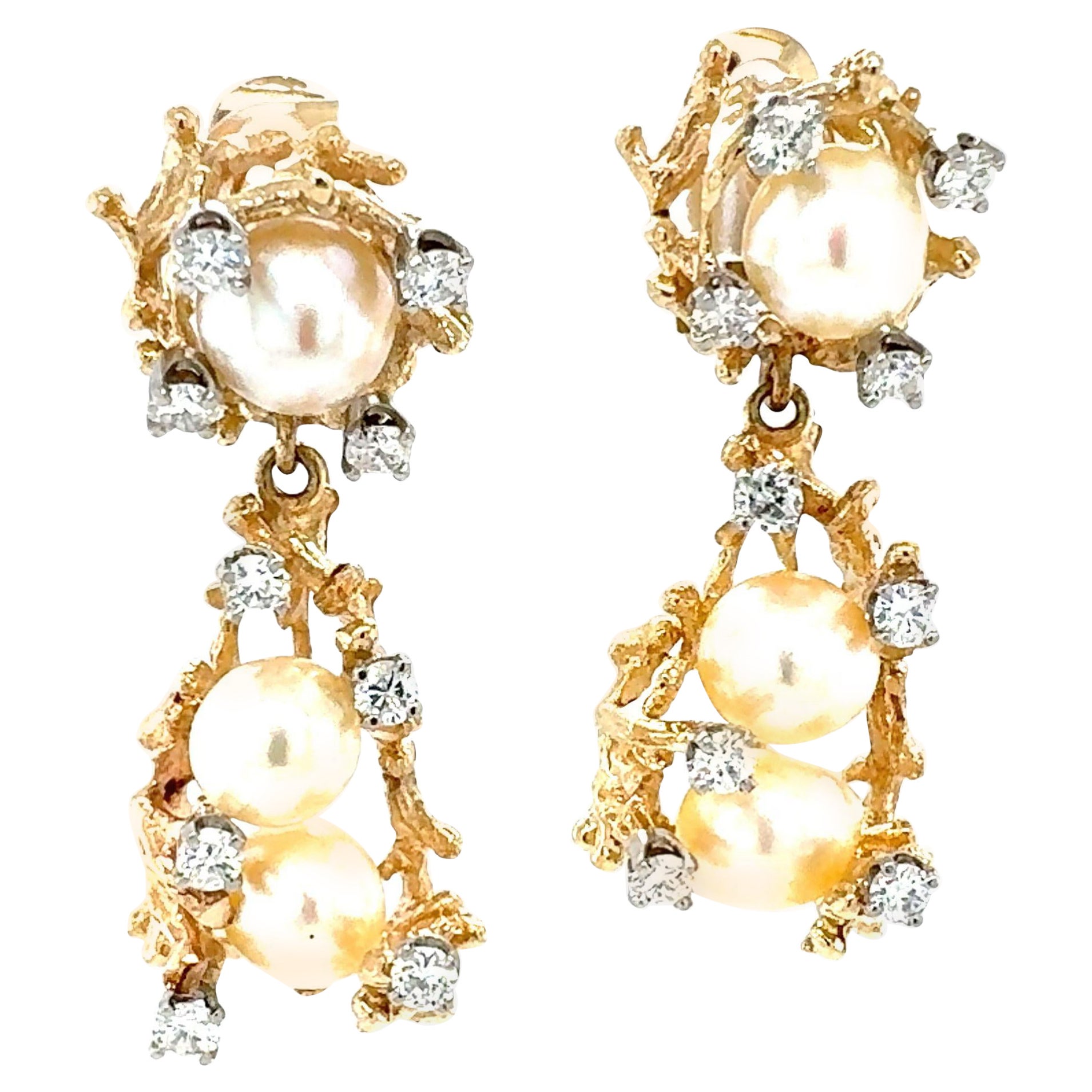 14K Yellow Gold Diamond and Pearl Dangle Earrings For Sale
