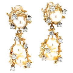 Retro 14K Yellow Gold Diamond and Pearl Dangle Earrings
