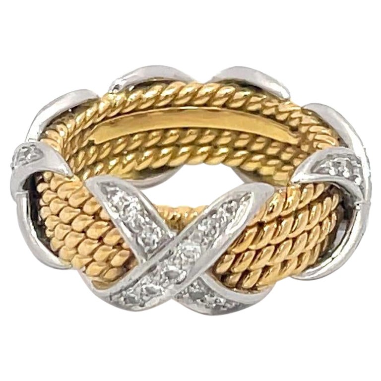 Tiffany & Co. Schlumberger Bague à quatre rangées de diamants X en platine et or jaune 18 carats en vente