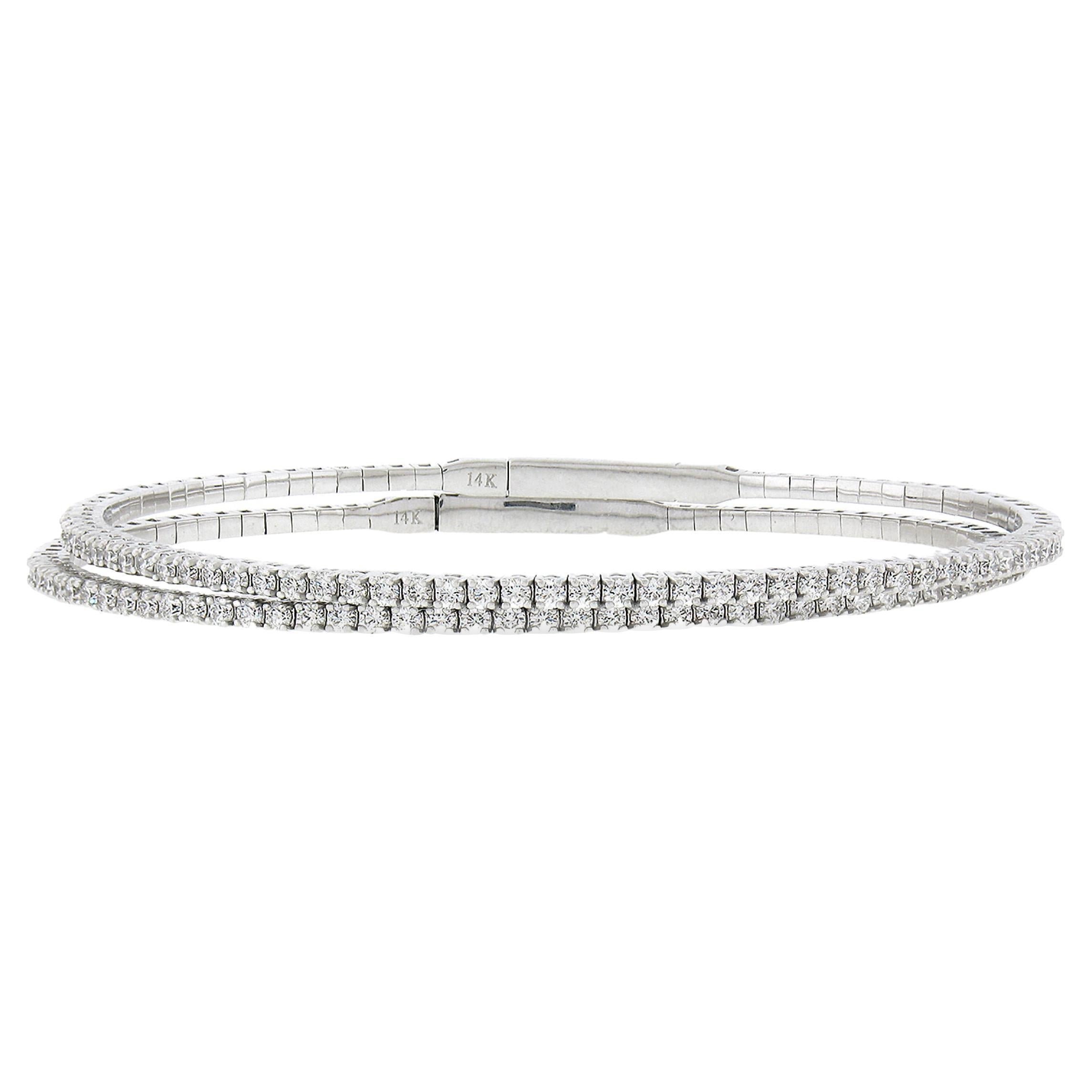 New Pair 14k White Gold 1.58ctw Fiery Diamond Flexible Stack Bangle Bracelet Set For Sale