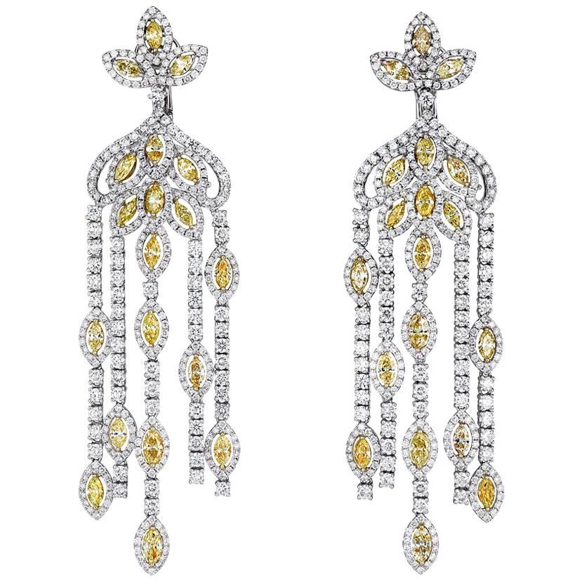 Hanging Diamond Earrings Fancy Yellow and White Diamonds For Sale