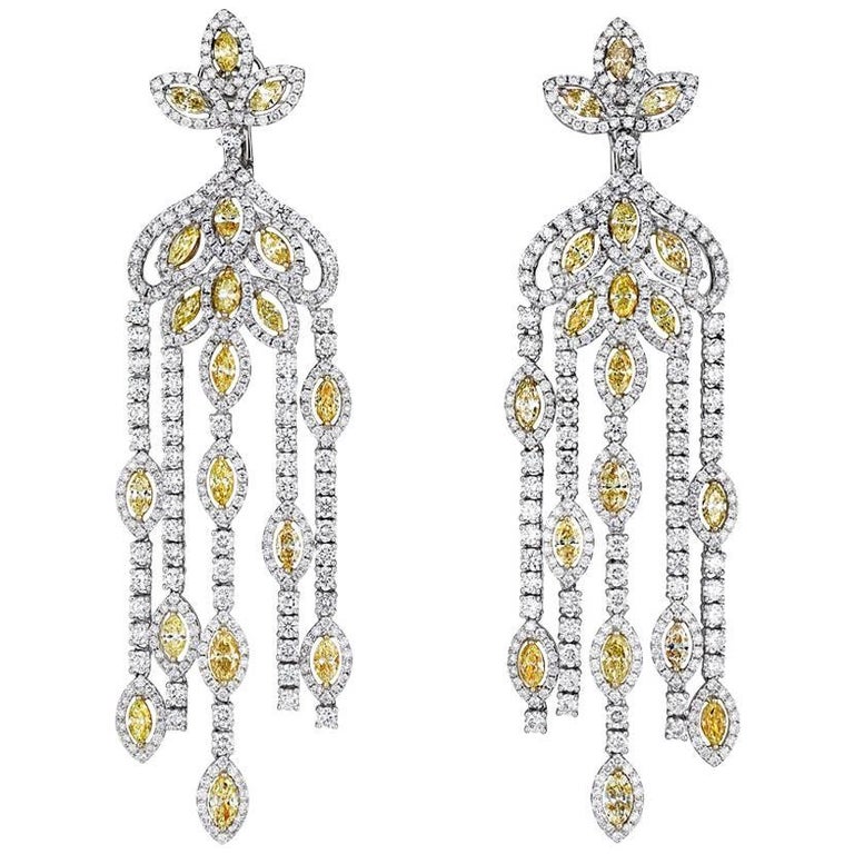 Hanging Diamond Earrings Fancy Yellow and White Diamonds For Sale at