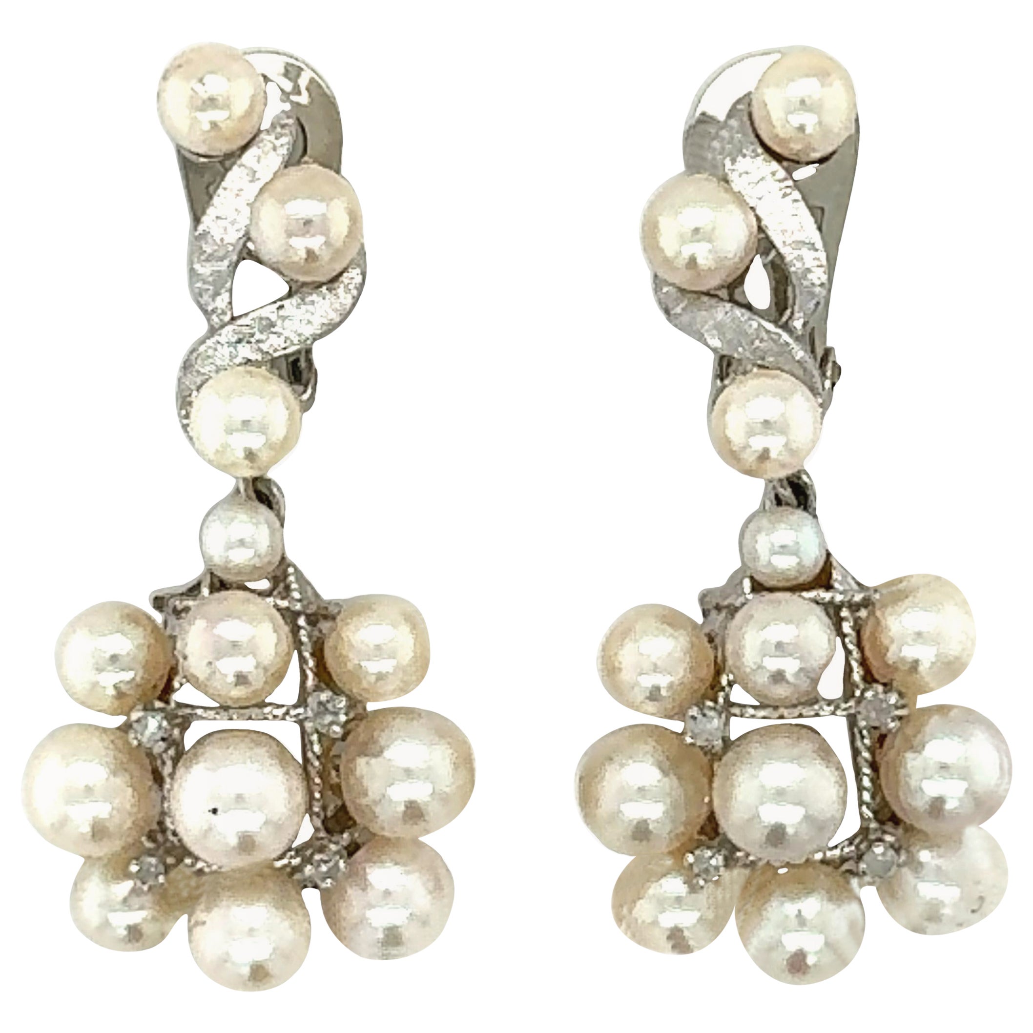14K White Gold Pearl and Diamond Dangling Earrings For Sale