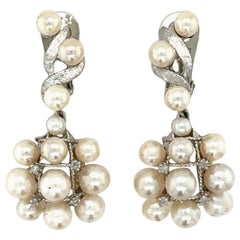 Retro 14K White Gold Pearl and Diamond Dangling Earrings