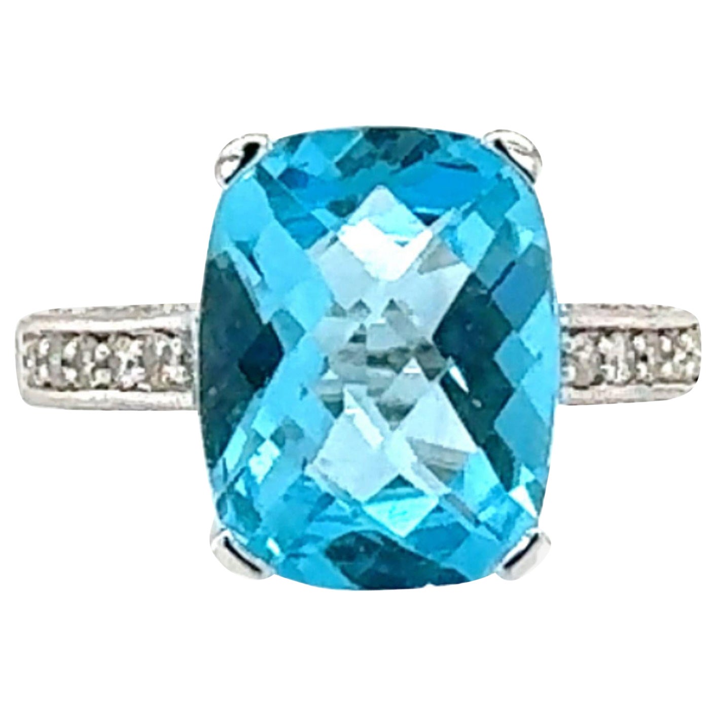 14K White Gold Blue Topaz and Diamond Ring For Sale