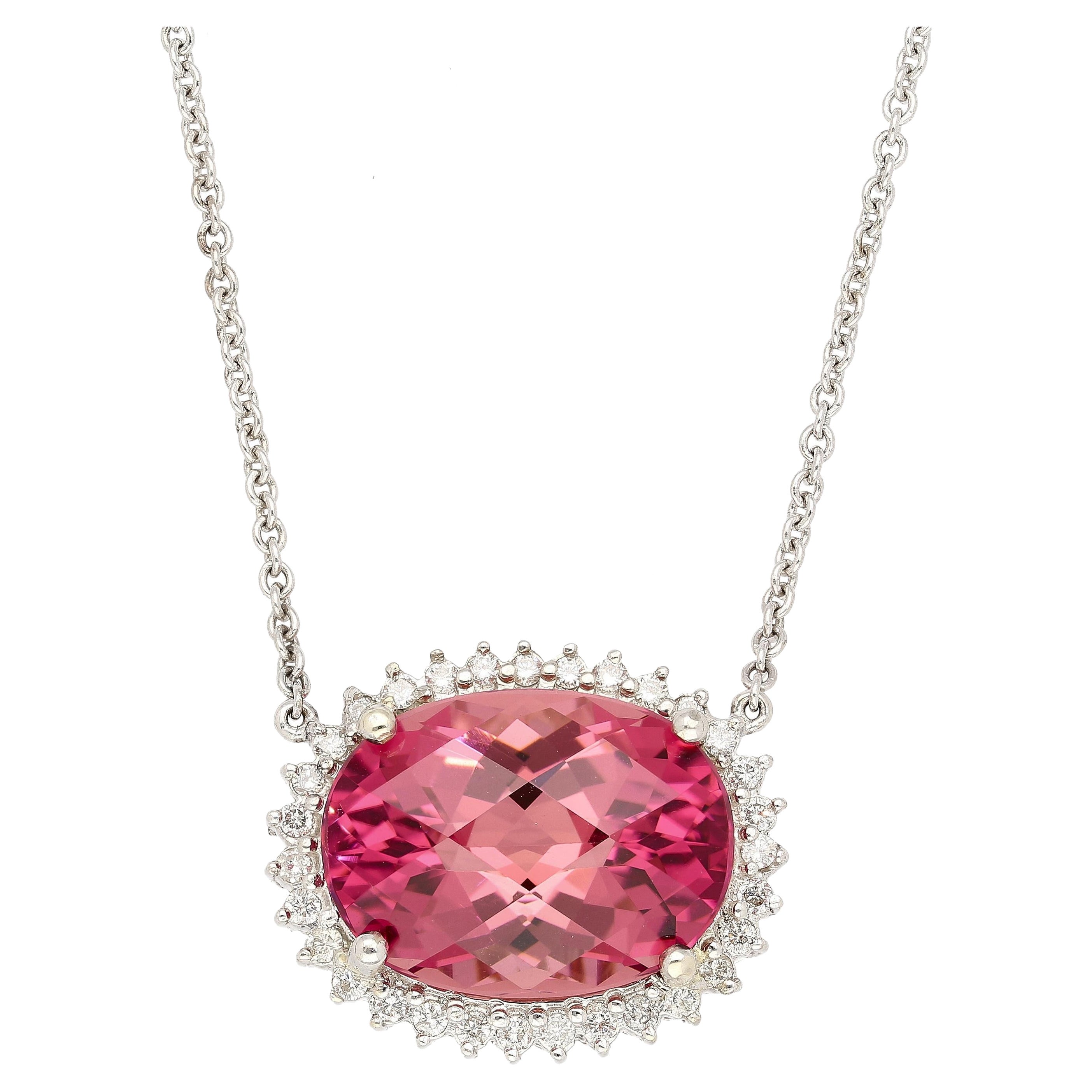 21.13 Carat Pink Tourmaline & Diamond Floating Pendant Necklace in 14K/18K Gold