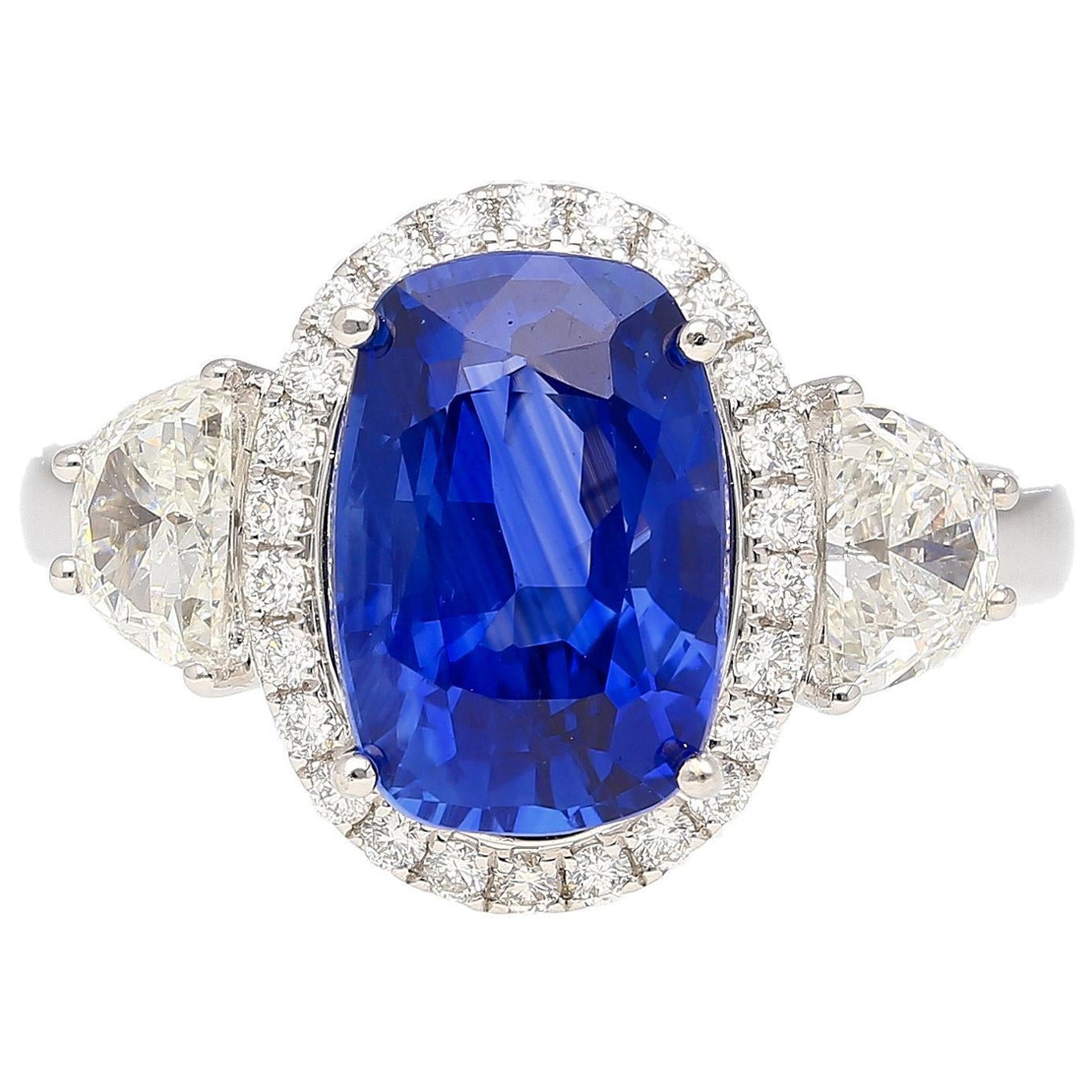 AGL Certified 4.49 Carat No Heat Burma Sapphire & Half Moon Diamond Ring For Sale