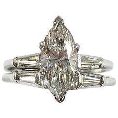 Vintage 1.47 Carat GIA Marquise Diamond Platinum Wedding Set