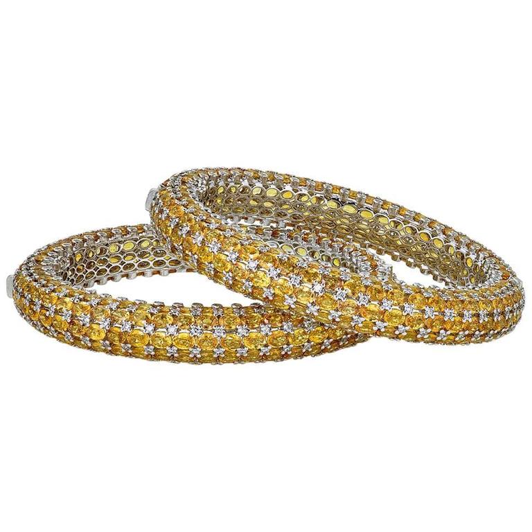 Yellow Sapphire Diamond Gold Stackable Bangles For Sale