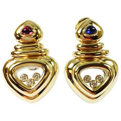 Vintage Chopard Happy Diamond Ruby Sapphire Gold Heart Earrings