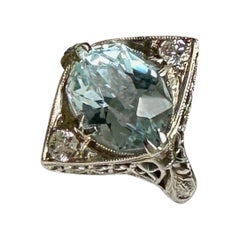 Antique Art Deco Aquamarine Old Mine Diamond Ring 18 Karat White Gold Engagement Ring
