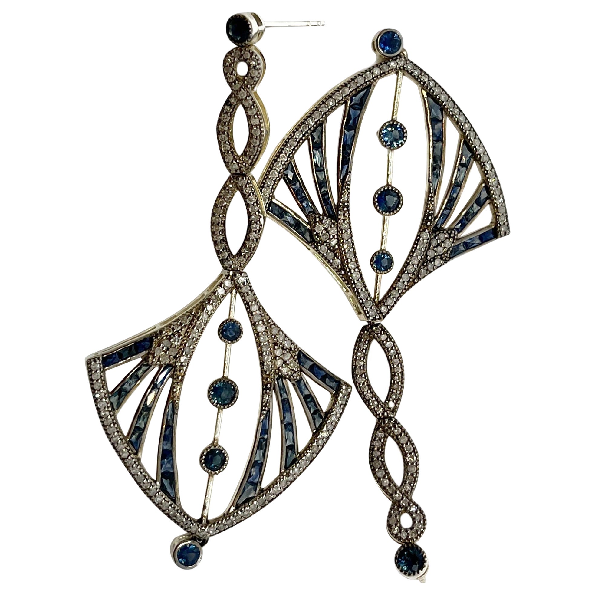 Art Deco Style Natural Sapphire and Diamond Pierced Earrings Gold and Silver For Sale