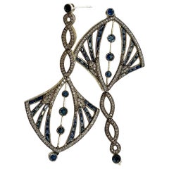 Art Deco Style Natural Sapphire and Diamond Pierced Earrings Gold and Silver