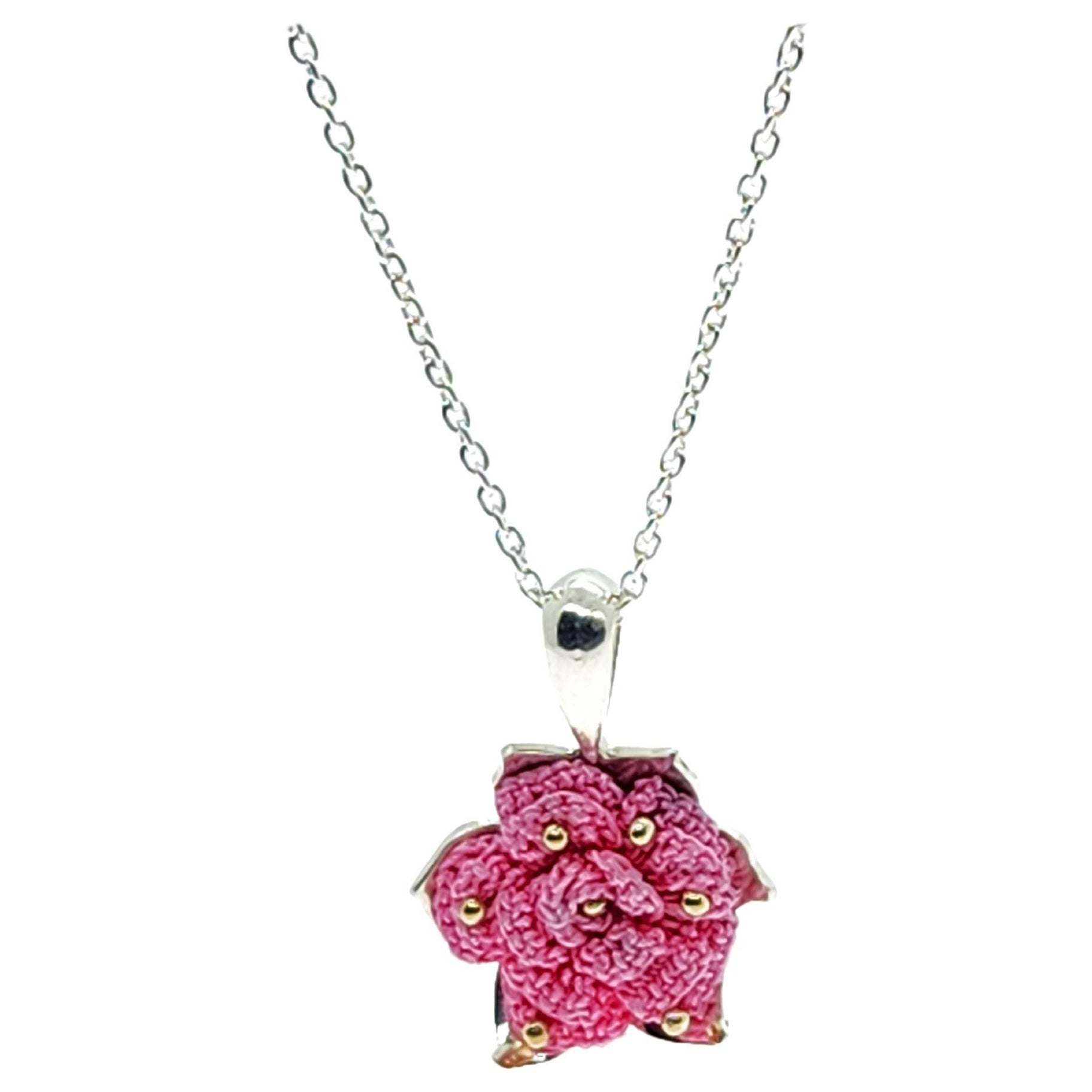 Hand Knit Flower Necklace in Handmade Sterling Silver and 14KY Setting #3