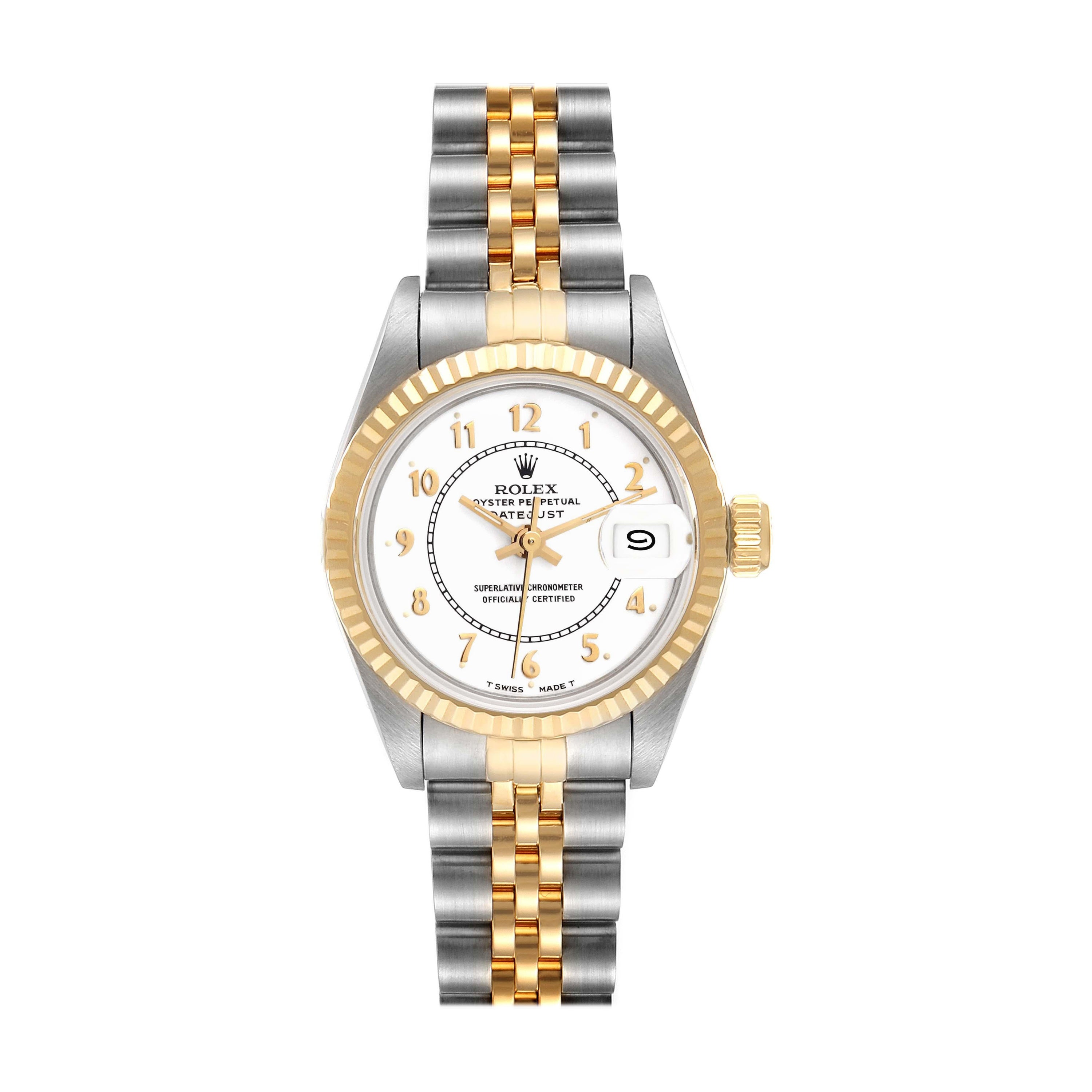 Rolex Datejust White Arabic Dial Steel Yellow Gold Ladies Watch 69173 For Sale