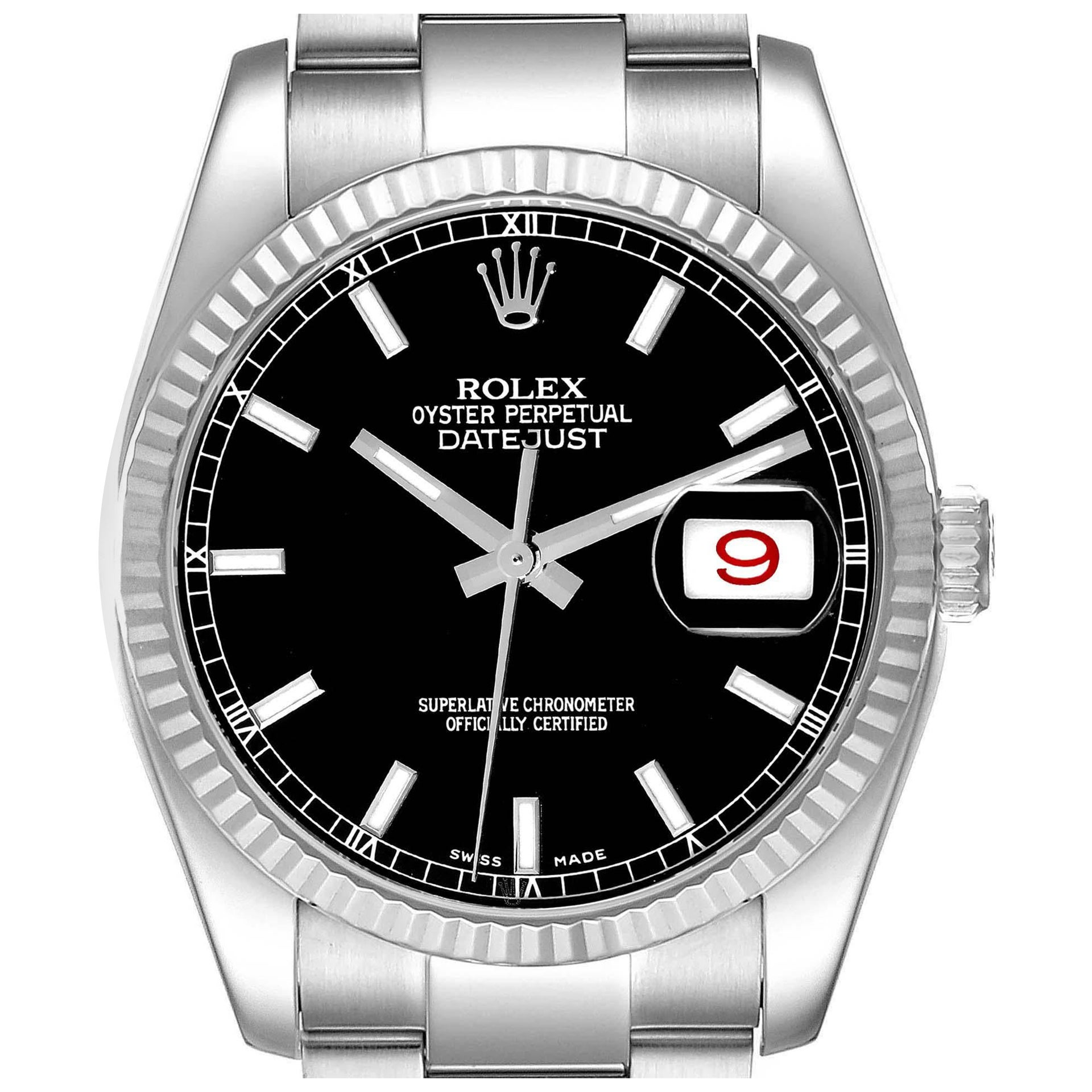 Rolex Datejust Steel White Gold Fluted Bezel Black Dial Mens Watch 116234
