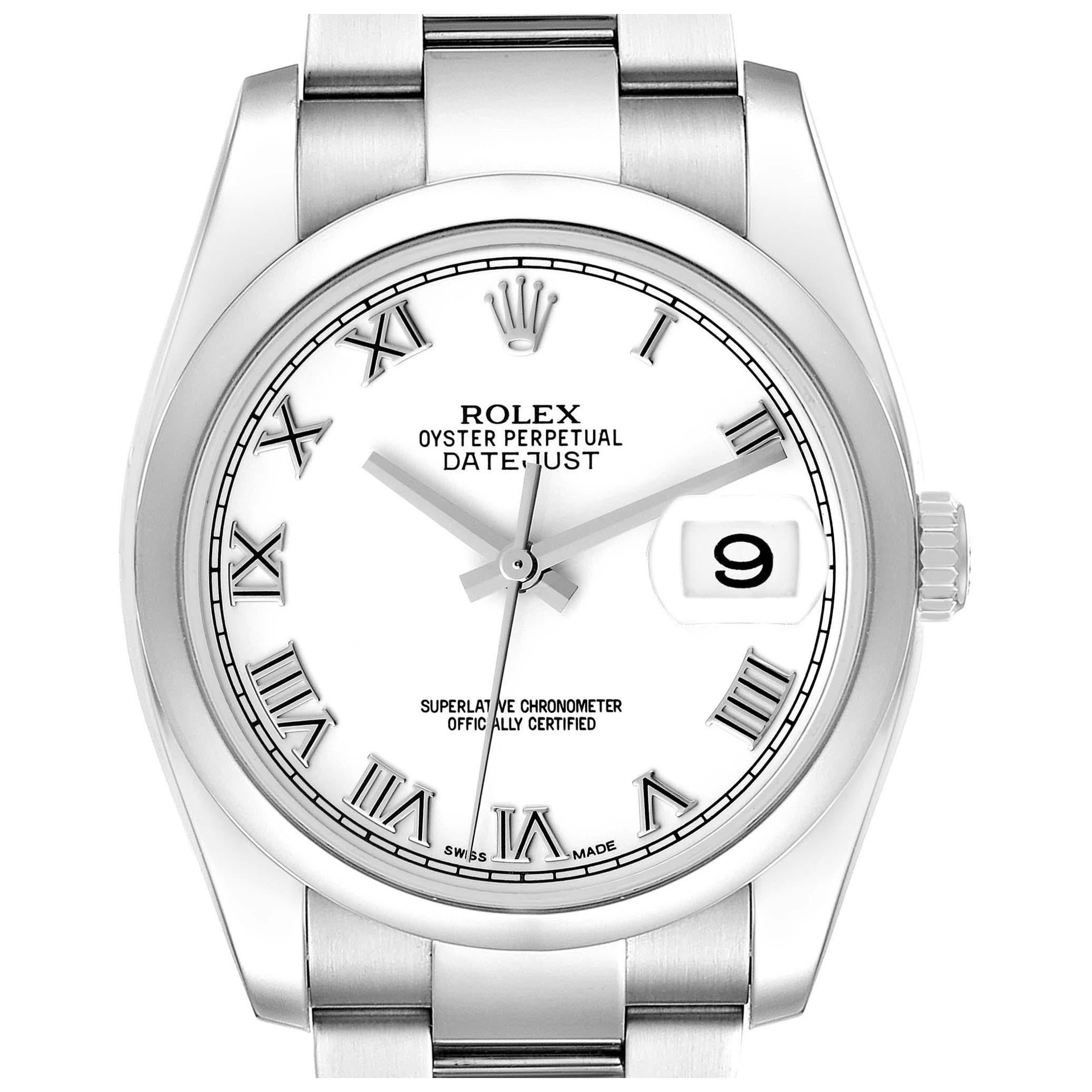 Rolex Datejust White Roman Dial Steel Mens Watch 116200 Box Card en vente