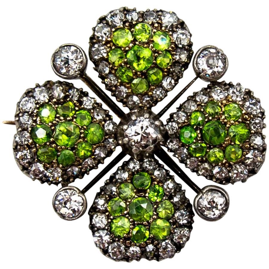 Victorian Demantoid Garnet and Diamond Four Leaf Clover Pin