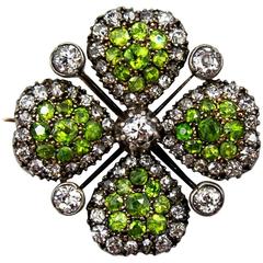Victorian Demantoid Garnet and Diamond Four Leaf Clover Pin 2