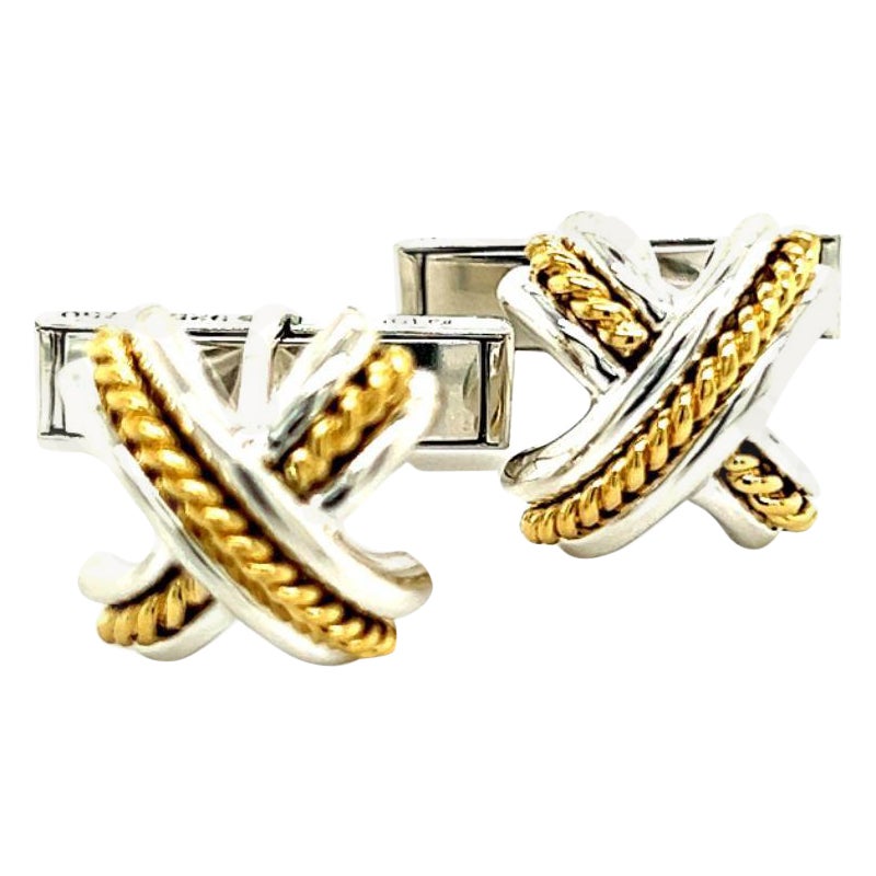Tiffany & Co Estate X Signature Cufflinks 18k Y Gold + Sterling Silver For Sale