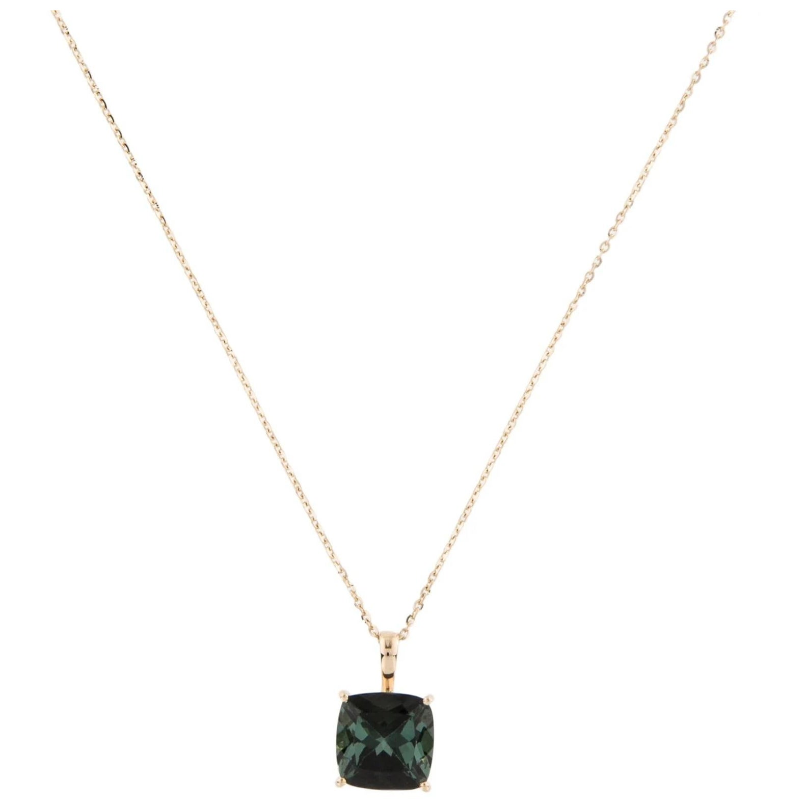 14K Tourmaline Checkerboard Cushion Pendant Necklace For Sale