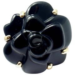 Chanel Camelia Large Black Agate Flower Gold Ring