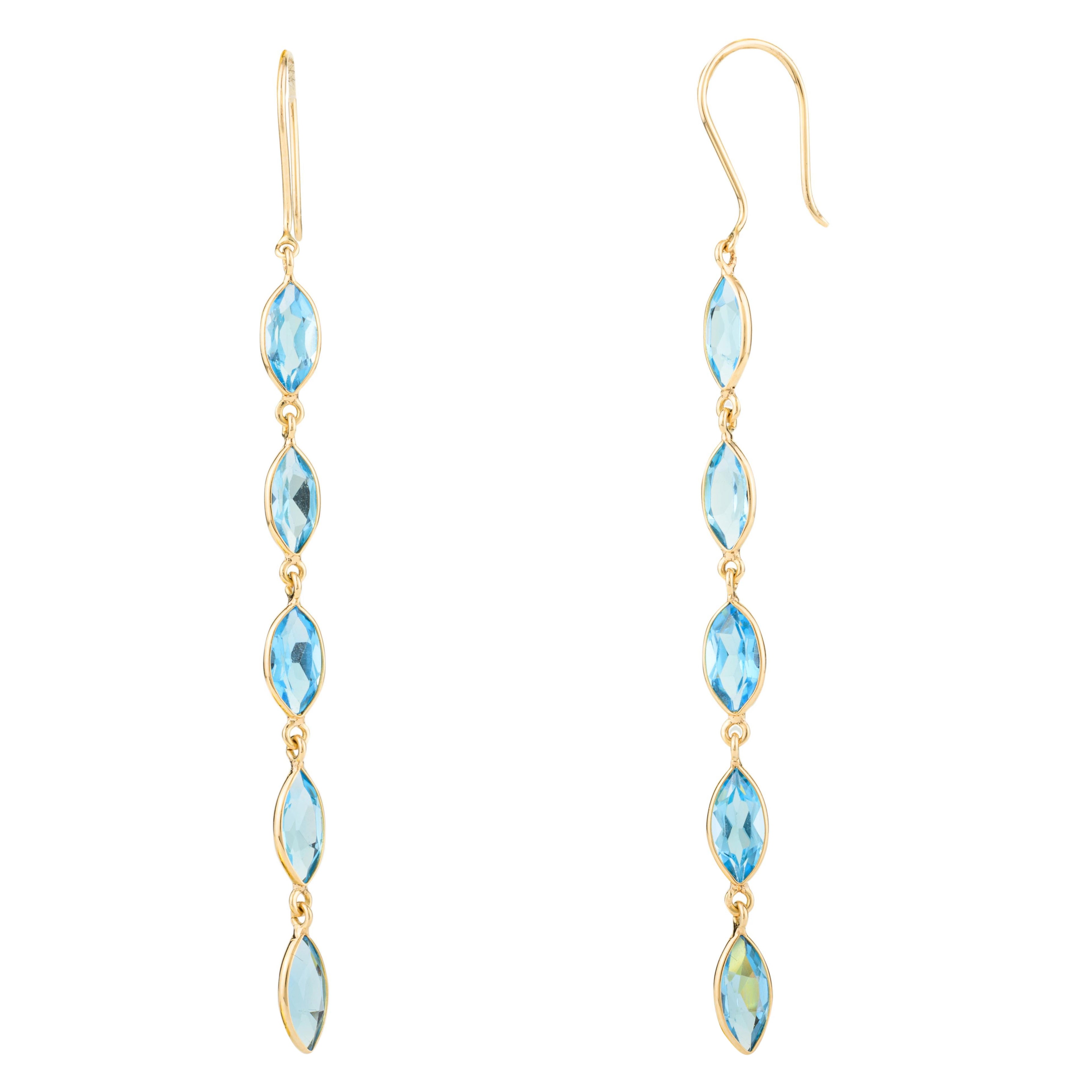 18K Yellow Gold Marquise Blue Topaz Gemstone Drop Earrings for Women For Sale