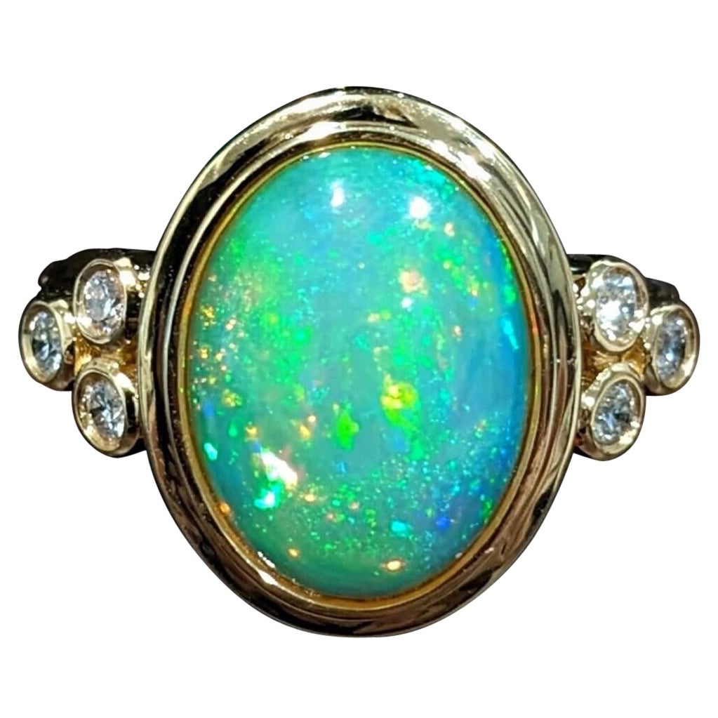 2.6ct Ethiopian Opal Ring w Earth Mined Diamonds in Solid 14k Gold Oval 13x10mm For Sale