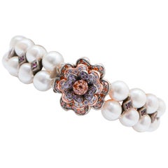 White  Pearls, Multicolor Stones, Rubies, Rose Gold and Silver Bracelet.