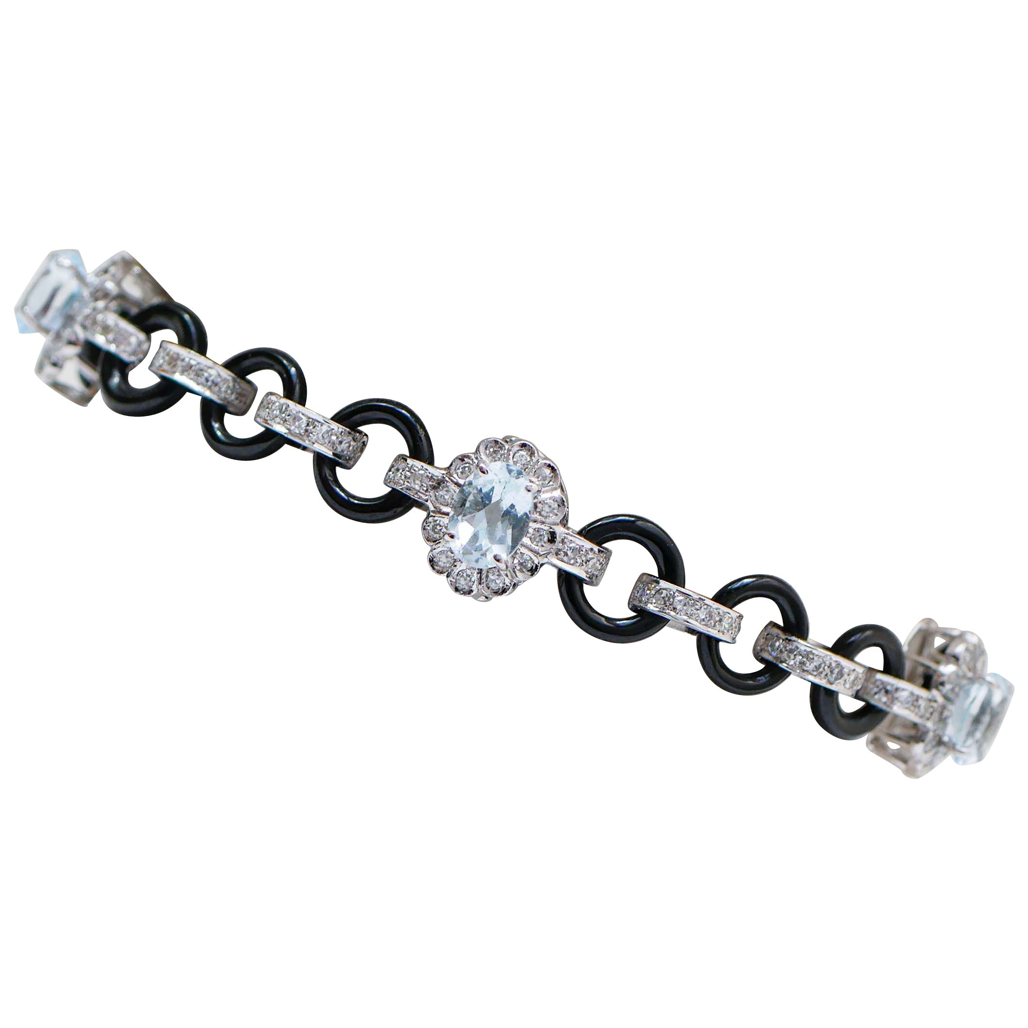 Aguamarina, Ónice, Diamantes, Pulsera de Platino.