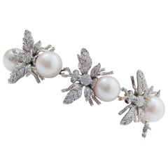 Vintage South-Sea Pearls, Sapphires, Diamonds, 14 Karat White Gold Fly Shape Bracelet.