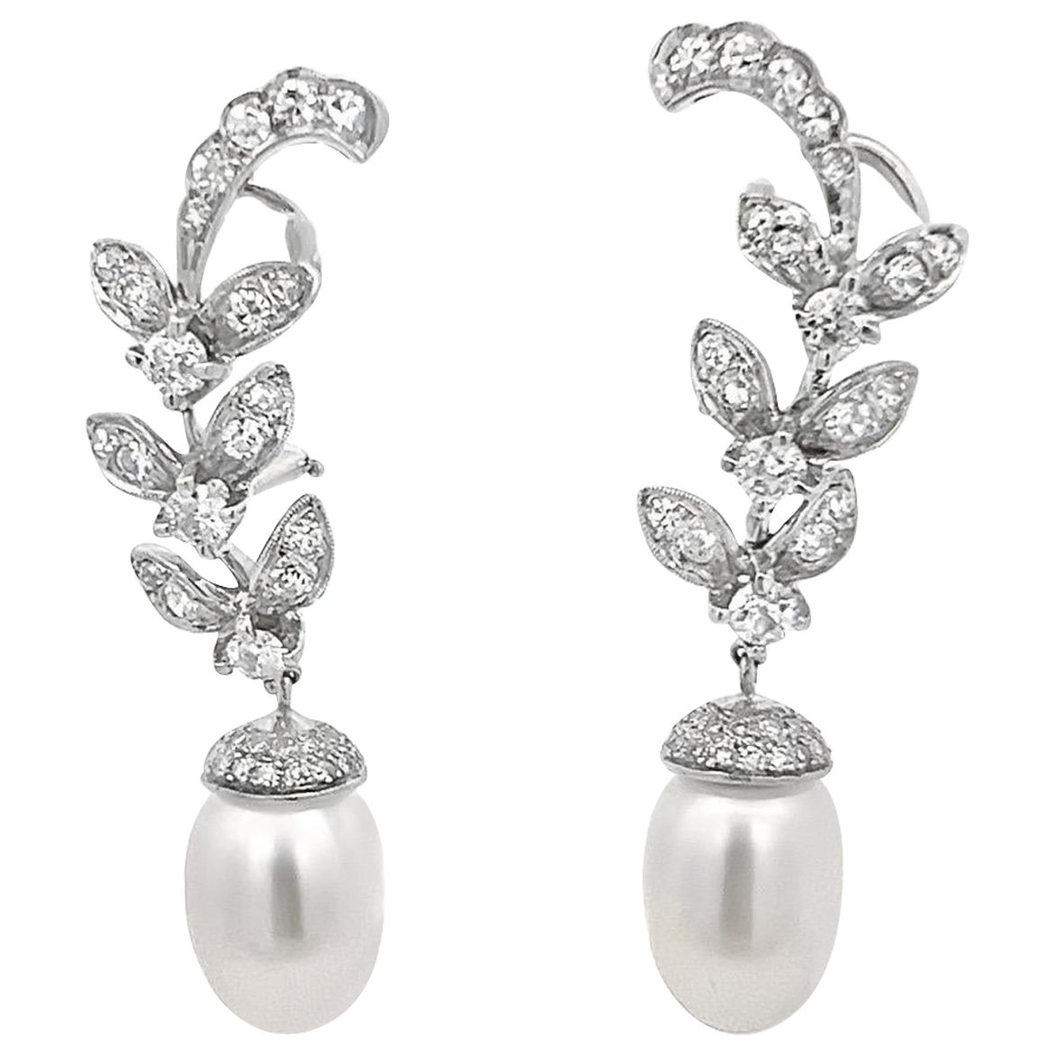 Diamond and Pearl Earrings For Sale