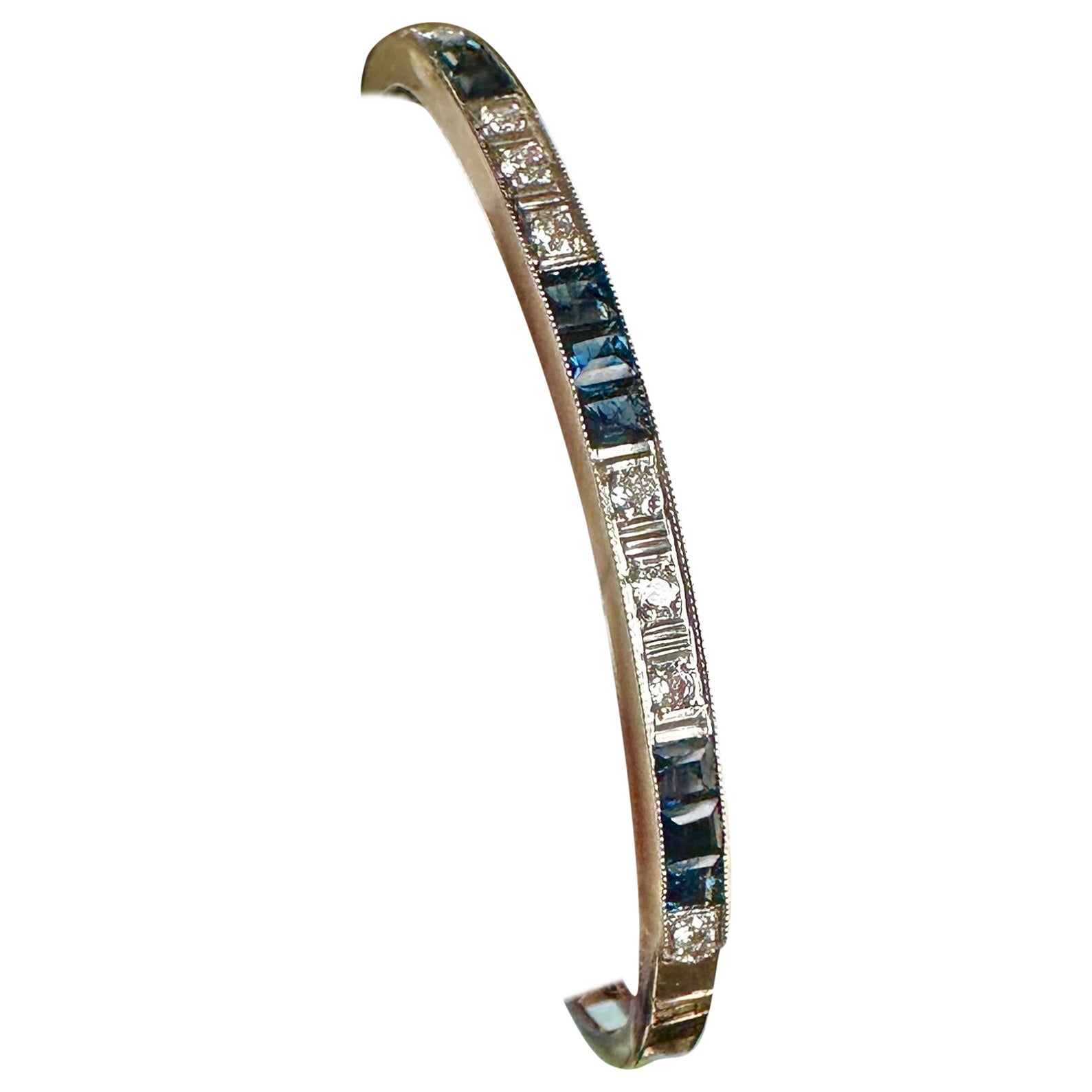Art Deco Sapphire Old Mine Cut Diamond Bangle Bracelet Antique 14 Karat Gold For Sale