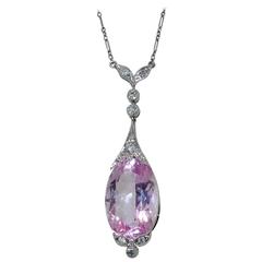 Antique Edwardian Pink Morganite Diamond Platinum Drop Necklace