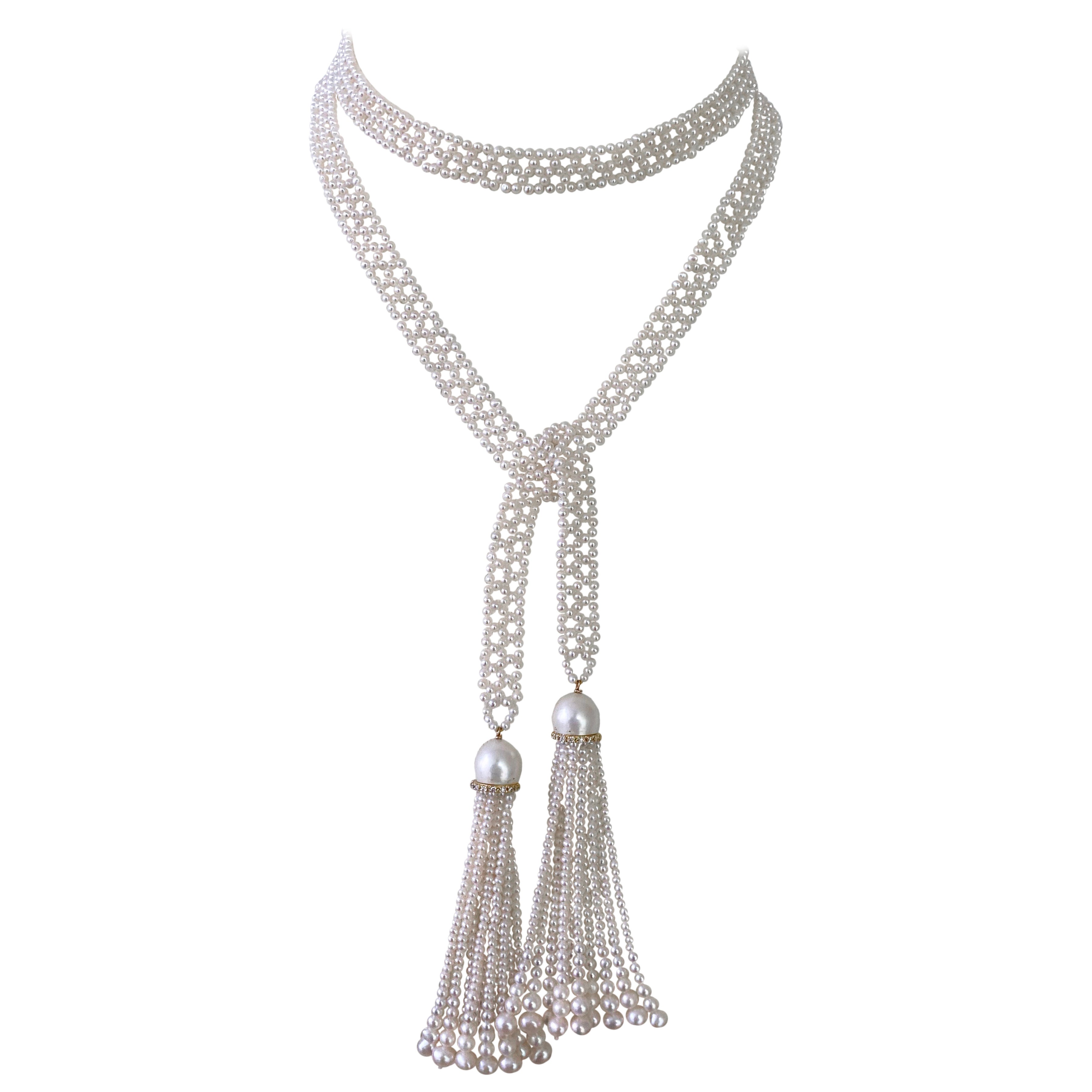 Marina J. Sizeless Woven Pearl Sautoir with Diamonds & Solid 14k Yellow Gold For Sale