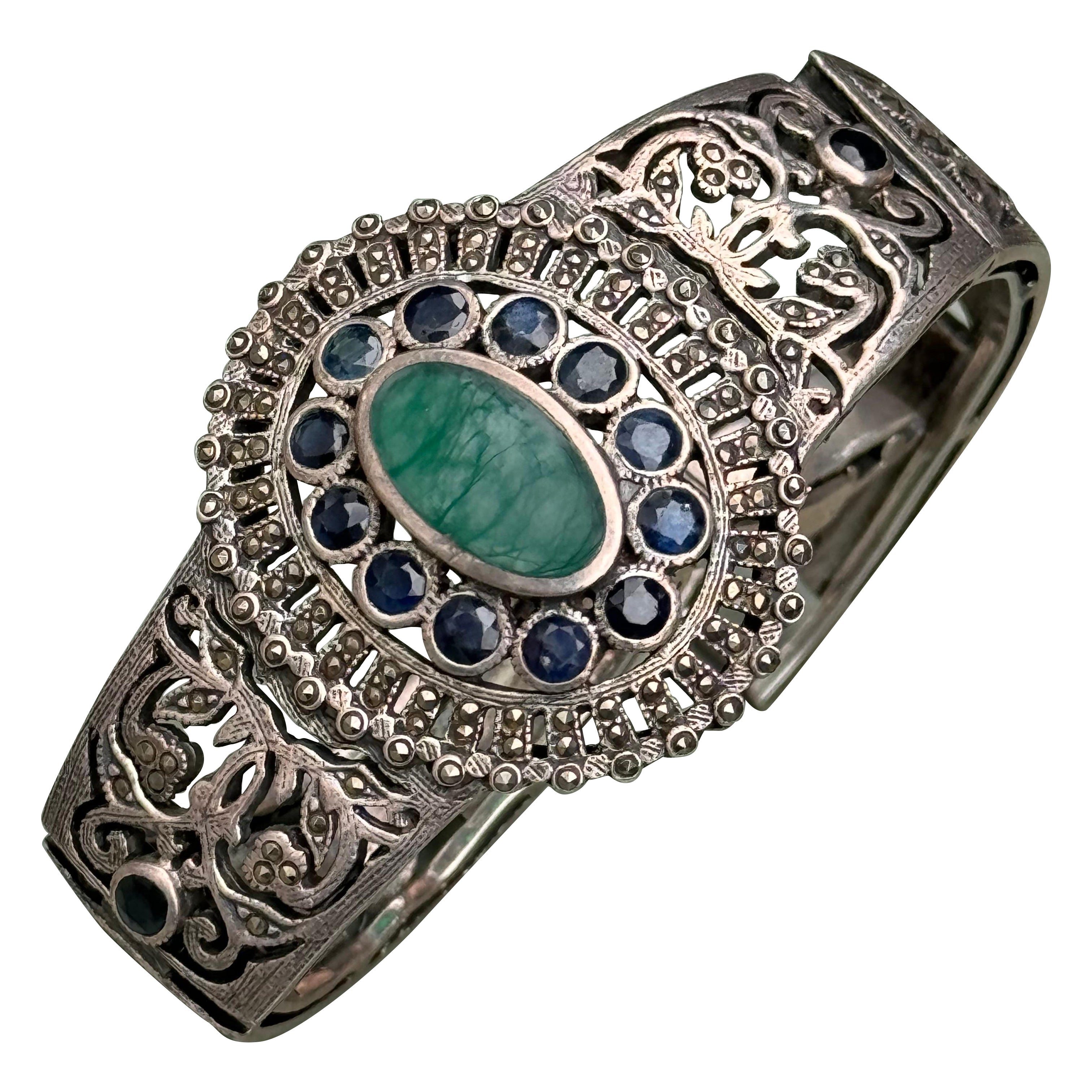 Art Deco Sterling silver Sapphire Marcasite Bracelet bangle  For Sale